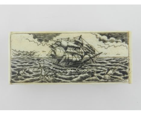 An 18th century style bone trinket box, the lid decorated with a ship on a rolling sea. L: 9.5cm