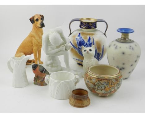 A collection of ceramics, to include a Royal Doulton twin-handled blue and gilt vase, a Worcester milk jug and sugar bowl, a 