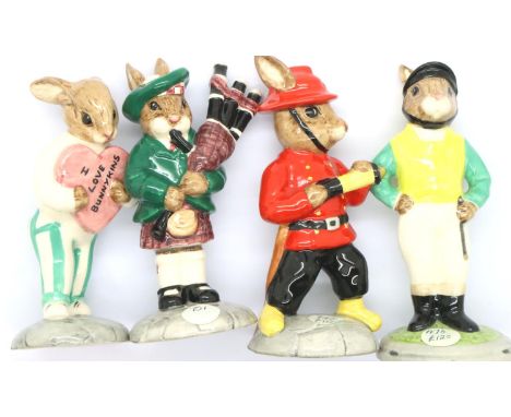 Royal Doulton limited edition Bunnykins figurines to include Scotsman, Jockey, Fireman and Sweetheart, largest H: 10 cm. No c