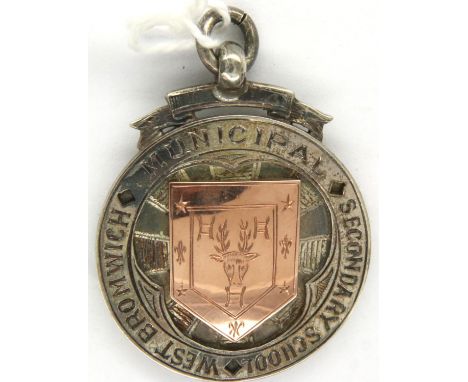 Hallmarked silver award, Chester assay with gold wash, given by the Municipal Secondary School in West Bromwich 1936, in fitt