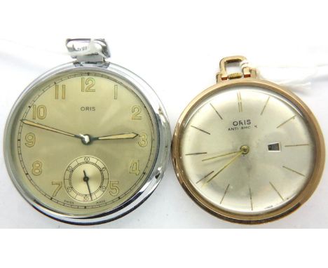 Two Oris open face pocket watches including Anti Shock example. Glass loose but present. One working at lotting. P&amp;P Grou