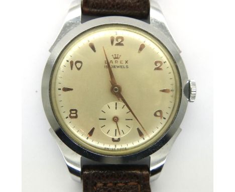Larex; gents wristwatch on a brown leather strap, working at lotting, boxed. P&amp;P Group 1 (£14+VAT for the first lot and £
