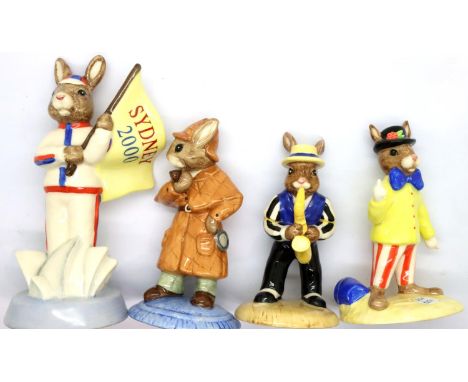 Four Royal Doulton limited edition Bunnykins figurines with certificates to include Saxophone Player, Joker, England Athlete 