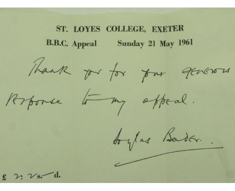 1961 Douglas Bader autograph and thank you note. P&amp;P Group 1 (£14+VAT for the first lot and £1+VAT for subsequent lots) 