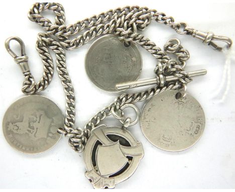 Hallmarked silver watch chain with silver T-bar, 1914 fob and three silver coin fobs, chain L: 38 cm, combined 46g. P&amp;P G