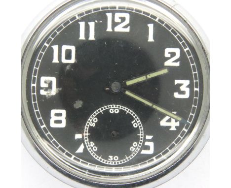 Military black face screw back pocket watch, marked GSTP 105125, lacking second hand. P&amp;P Group 1 (£14+VAT for the first 