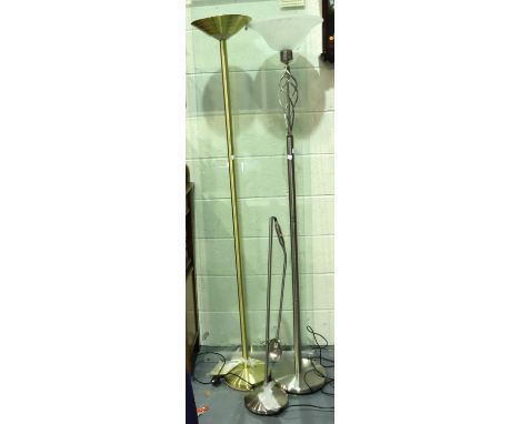 Two modern uplighters in brass and brushed steel, largest H:182 cm, together with a floor standing adjustable reading lamp (3