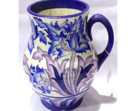 Charlotte Rhead for Crown Ducal, a large tube lined decorated pitcher, H: 26 cm, light crazing throughout, manufacturing faul