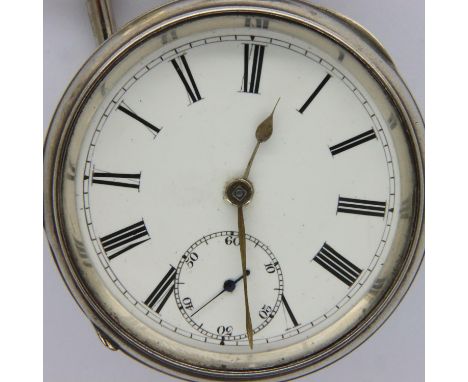 Hallmarked silver open face key wind English lever pocket watch. Working at lotting, with key, glass loose. P&amp;P Group 1 (