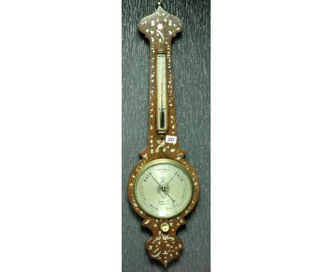 Rossi of Norwich walnut framed 19th century aneroid barometer with stick thermometer, inlaid with mother of pearl, H: 95 cm, 