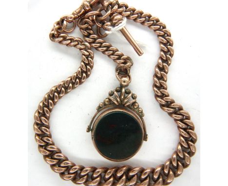 9ct rose gold graduated watch chain with T-bar and spinner, chain L: 38 cm, combined 63.6g. P&amp;P Group 1 (£14+VAT for the 