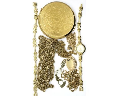 Collection of gold plated jewellery to include a watch and a compact. P&amp;P Group 1 (£14+VAT for the first lot and £1+VAT f