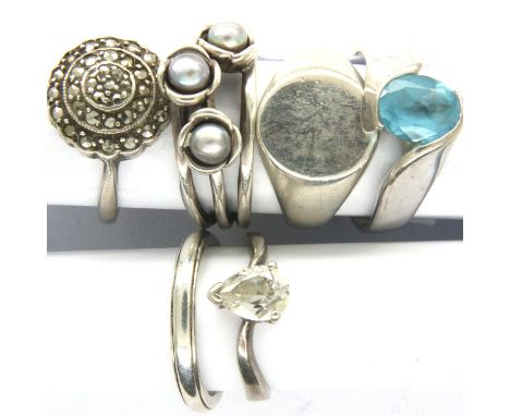 Six 925 silver rings to include stone set examples, mixed sizes, combined 28g. P&amp;P Group 1 (£14+VAT for the first lot and