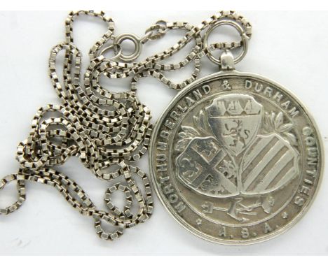 Hallmarked silver Water Polo medallion and neck chain, pendant D: 32 mm, chain L: 60 cm, 17.9g. P&amp;P Group 1 (£14+VAT for 