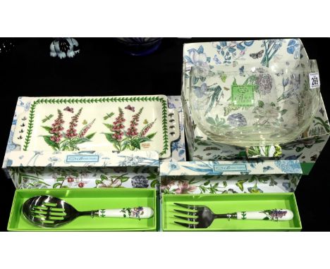 Portmeirion, sandwich plate, meat fork, slotted spoon and crystal glass bowl in the Botanic Garden pattern, each boxed (4), b