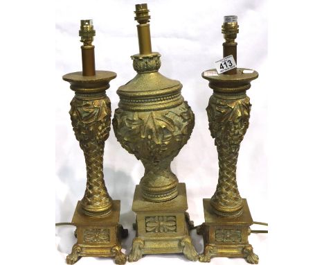 Pair of contemporary gilt resin lamp bases with a further similar lamp base, largest H: 53 cm (largest with fault to body). P