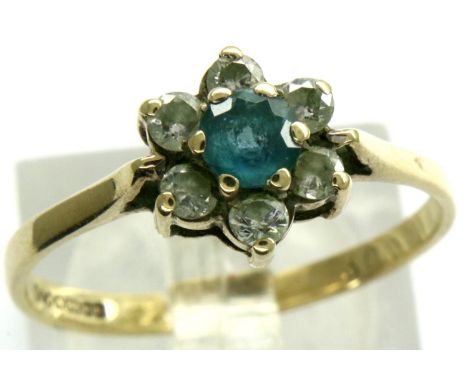 9ct gold blue topaz and diamond set daisy cluster ring, size Q, 1.6g. P&amp;P Group 1 (£14+VAT for the first lot and £1+VAT f