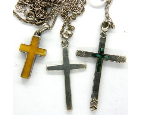 Three 925 silver cross pendant necklaces, largest cross H: 28 mm, combined 15g. P&amp;P Group 1 (£14+VAT for the first lot an