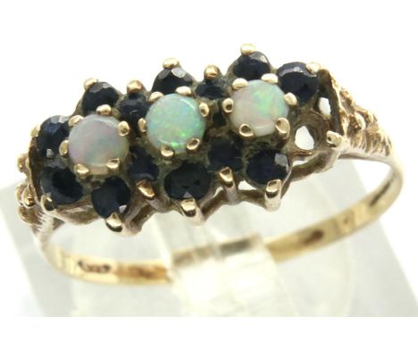 18ct gold opal and sapphire ring, size O, 1.7g. One stone missing. P&amp;P Group 1 (£14+VAT for the first lot and £1+VAT for 