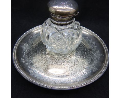 Victorian hallmarked silver and cut glass ink stand with silver hinged cover, D: 15 cm, base weight 141g. P&amp;P Group 2 (£1