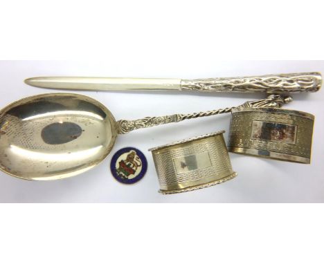 20th century hallmarked silver anointing spoon together with silver napkin ring and a letter opener (4), combined 96g. P&amp;