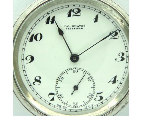 JG Graves Sheffield hallmarked silver open face pocket watch, working at lotting. P&amp;P Group 1 (£14+VAT for the first lot 