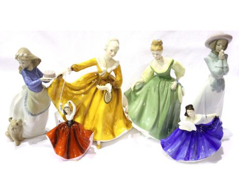 Four Royal Doulton figurines and two Nao, largest H: 20 cm, all no chips, cracks or visible restoration. Not available for in