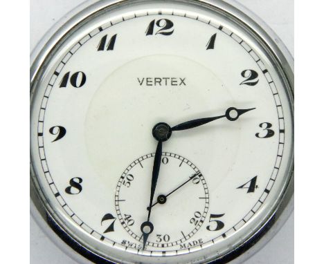 Vertex open face crown wind pocket watch, working at lotting. P&amp;P Group 1 (£14+VAT for the first lot and £1+VAT for subse