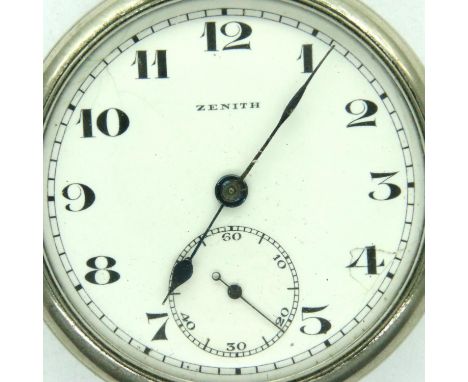 Zenith chrome open face pocket watch in a Zenith case, working at lotting. P&amp;P Group 1 (£14+VAT for the first lot and £1+