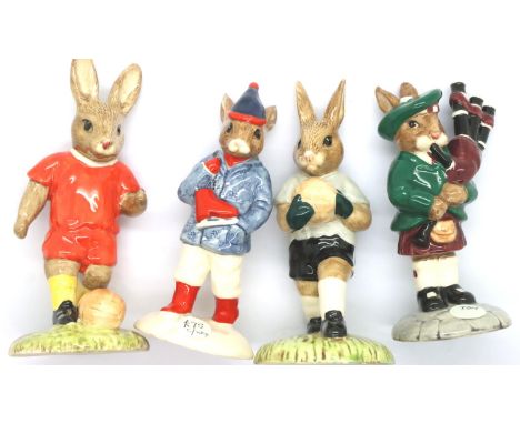 Royal Doulton limited edition Bunnykins figurines to include Scotsman, Boy Skater, Goalkeeper and Footballer, largest H: 11 c
