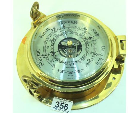 Brass cased circular aneroid barometer, D: 23 cm. P&amp;P Group 3 (£25+VAT for the first lot and £5+VAT for subsequent lots) 