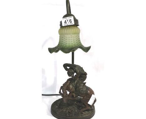 20th century figural lamp base with cowboy atop a rearing horse with coloured glass shade, overall H: 43 cm. P&P Group 3 (£25