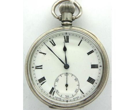 Hallmarked silver open face Swiss pocket watch, working at lotting. P&amp;P Group 1 (£14+VAT for the first lot and £1+VAT for