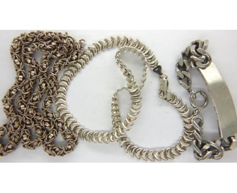 Two 925 silver neck chains and a silver ID bracelet, not inscribed, combined 81g. P&amp;P Group 1 (£14+VAT for the first lot 