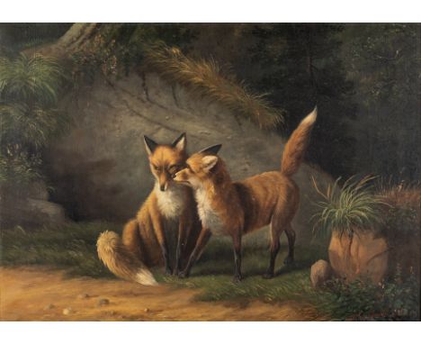 19. Jh.  Öl/Lw. Am Waldesrand, vor einem Fuchsbau sitzender Fuchs mit  seiner Fähe. U.r. sign., Düsseldorf bez. u. 1865 dat. 