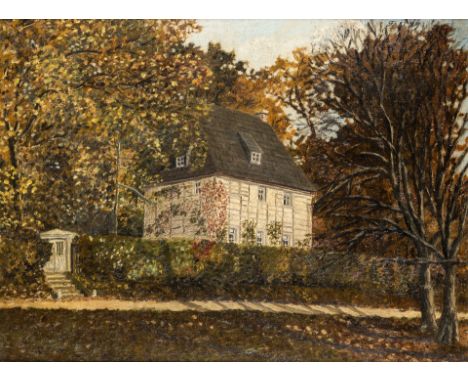 Um 1900.  Öl/Lw. aufgez. auf Pappe. Blick auf das Gartenhaus von  Johann Wolfgang von Goethe im Park an der Ilm in Weimar. 37