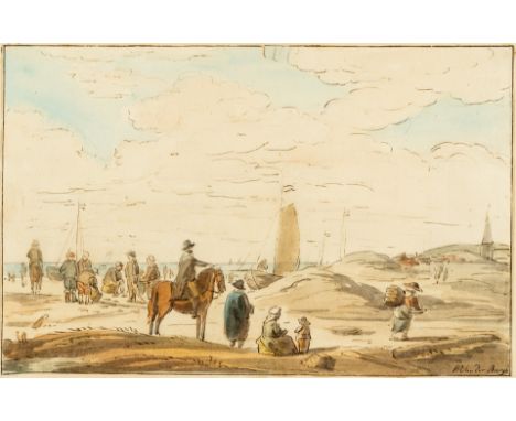 1769 Den Haag - 1858 ebd.  Aquarell. Die Ankunft der Fischer. Am Strandufer Marktleute und  Händler auf die ankommenden Fisch