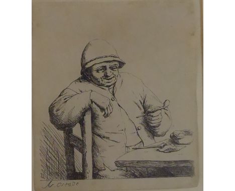 1610 Haarlem - 1685 ebd.  Radierung. Am Tisch sitzender, Pfeife rauchender Bauer. In der  Pl. u.l. sign. 10 x 9,5 cm. Pass. R