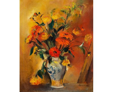1886 Liegnitz/Niederschlesien - 1953 München.  Öl/Lw. 'Herbstblumen I'. Prächtiges Blumenstillleben in  salzglasierter Vase. 