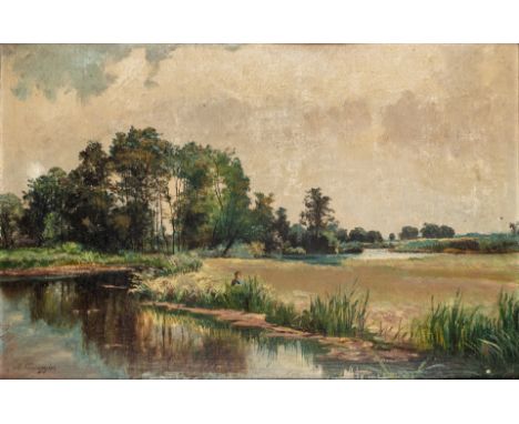 1846 München - 1930 ebd. Studium an der Münchner Kunstakademie.  Öl/Lw. aufgez. Weite sommerliche Landschaft mit Flusslauf un