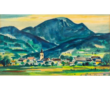 1902 Dresden - 1987 Freiburg. Aquarell. Sommerlicher Blick auf die Ortssilhouette von Grunern  und auf den Belchen. U.r. mit 