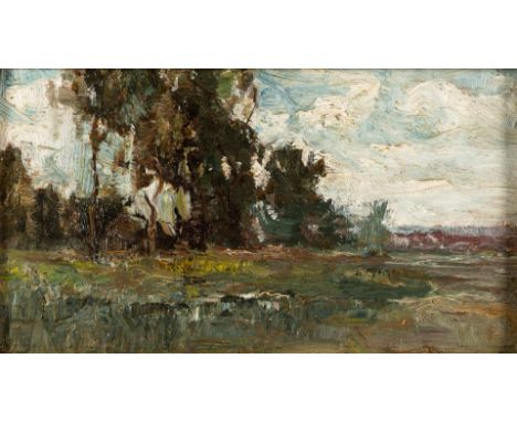 19. Jh.  Öl/Holz. Weite, sommerliche, baumbestandene Landschaft. 11 x 20  cm. R.