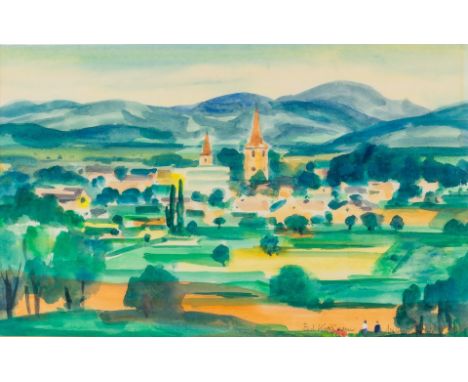 1902 Dresden - 1987 Freiburg. Aquarell. Blick auf 'Bad Krozingen'. U.r. mit Bleistift sign. u.  bet. 35 x 57 cm. Pass. R.  Li