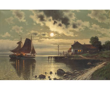 Um 1900.  Öl/Lw. Vollmondnacht mit erleuchteter Kate am Ufer und vor Anker  liegenden Fischerbooten. U.l. sign. Verso 'Herrn 