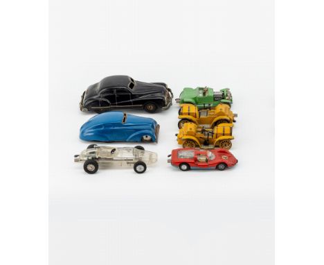Sieben St.: Schuco Gama-Patent 100, US-Zone. Wendeauto 1001 (Plagiat 1950er Jahre). Rennwagen 1005 durchsichtig. Micro Racer 