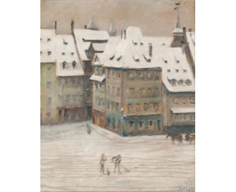 1. Hälfte 20. Jh.  Öl/Lw. Schneebedeckter Straßenzug einer Stadt mit zwei  Schneeräumern und Pferdewagen. U.r. unleserl. sign