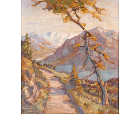 1. Hälfte 20. Jh.  Öl/Lw. Sonniger Gebirgsweg am Piz Buin. U.l. sign. u. 48(19)  dat. (Farbabspl.). 43 x 36 cm. R.