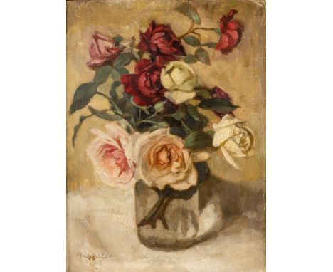 1890 Lahr. Studium an den Kunstakademien in München und  Karlsruhe.  Öl/Malpappe. Blumenstillleben. In einer Glasvase rot und