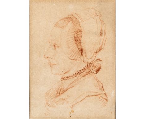 17./18. Jh. Rötelzeichnung. Bildnis einer jungen Frau mit Haube, nach links  dem Betrachter zugewandt. (Gebr., min. fleckig).