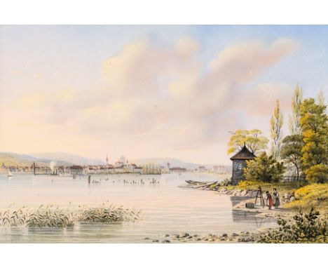 1. Hälfte 19. Jh.  Tonlithogr., altkol. Blick auf Konstanz, die Hafenanlage und das  Münster. Joseph Bergmann/J.J. Ruegg. Nac